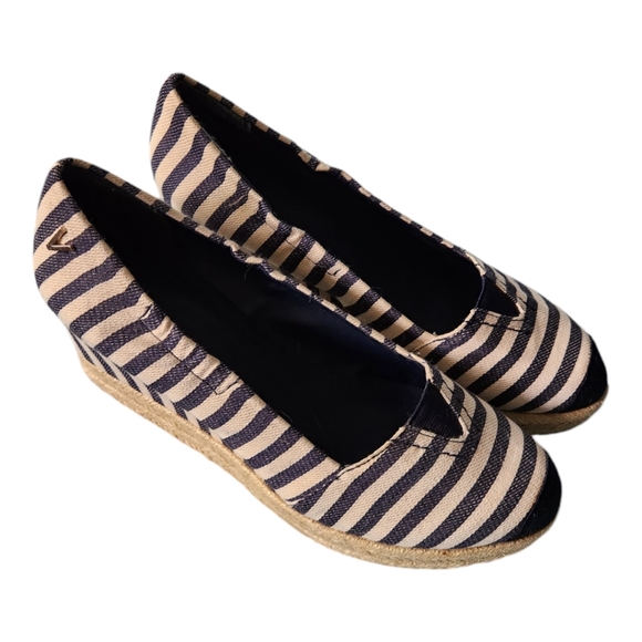 Victor Alfaro Navy & Cream Striped Espadrille Wedges Size 8.5 GUC - Picture 1 of 12